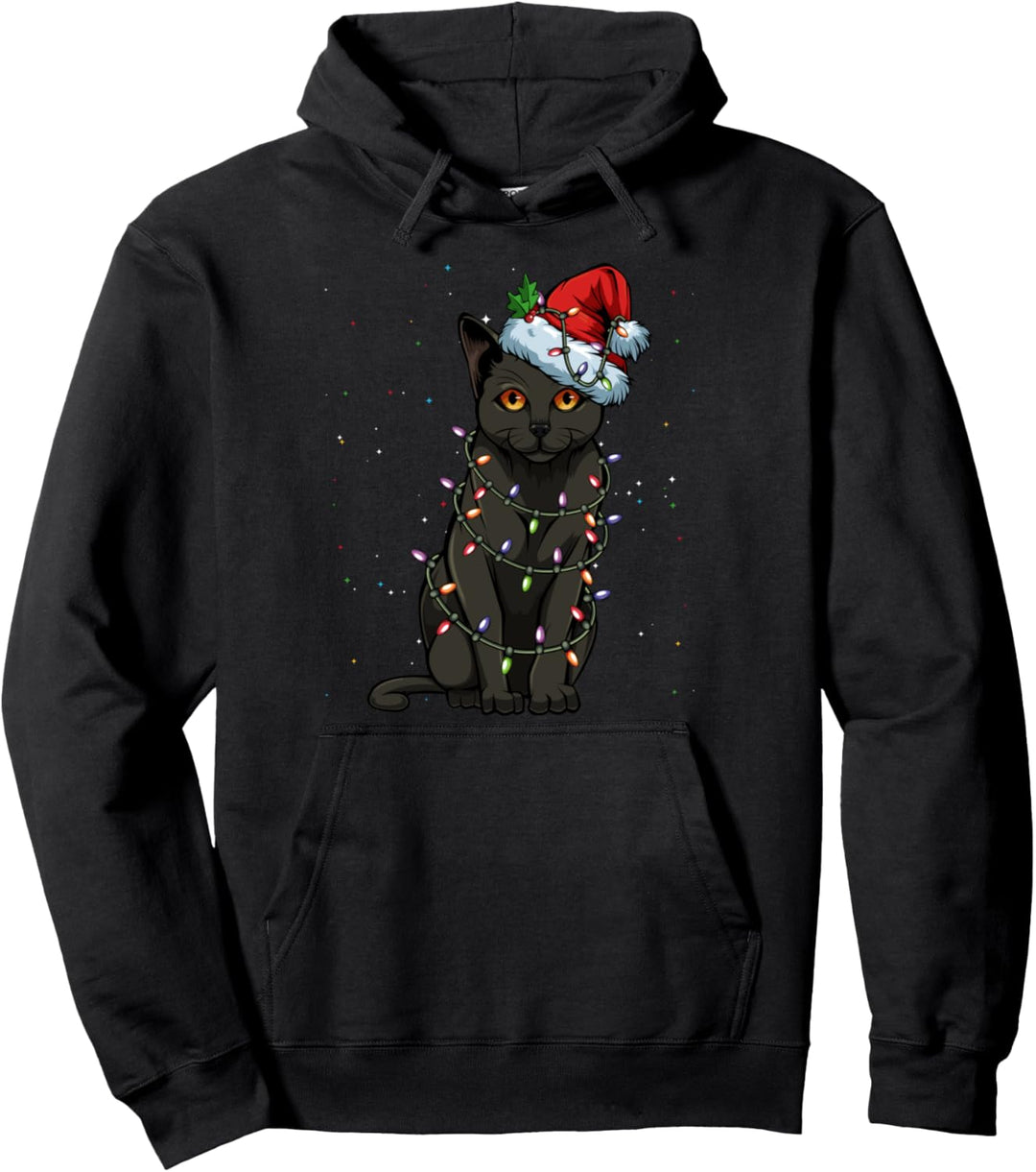 Schwarze Katze Weihnachten Led Lichter Heiligabend Geschenk Pullover Hoodie