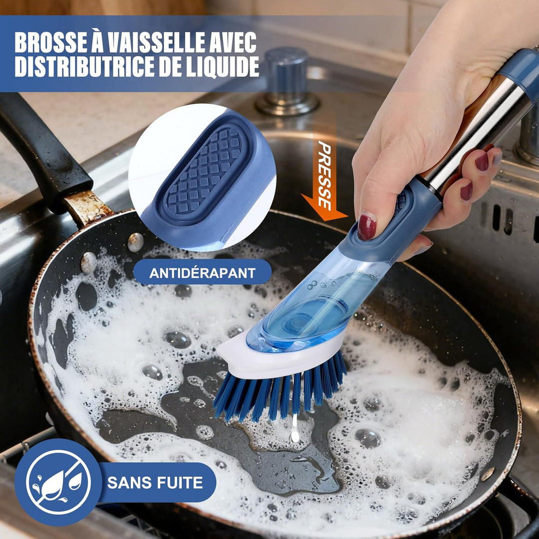 Zvonema Spülbürste mit Spender, 27 cm, Spülbürste mit langem Griff, mit 4 Ersatzköpfen, langlebig un