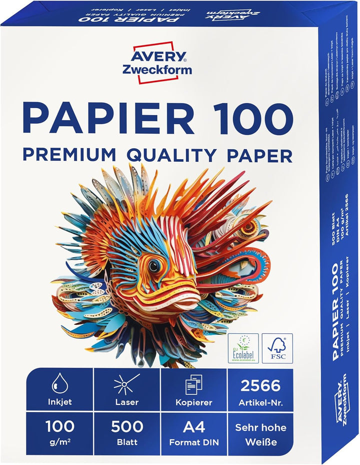 AVERY Zweckform 2566 Drucker-/Kopierpapier (500 Blatt, 100 g/m², DIN A4 Papier, hochweiss, für alle