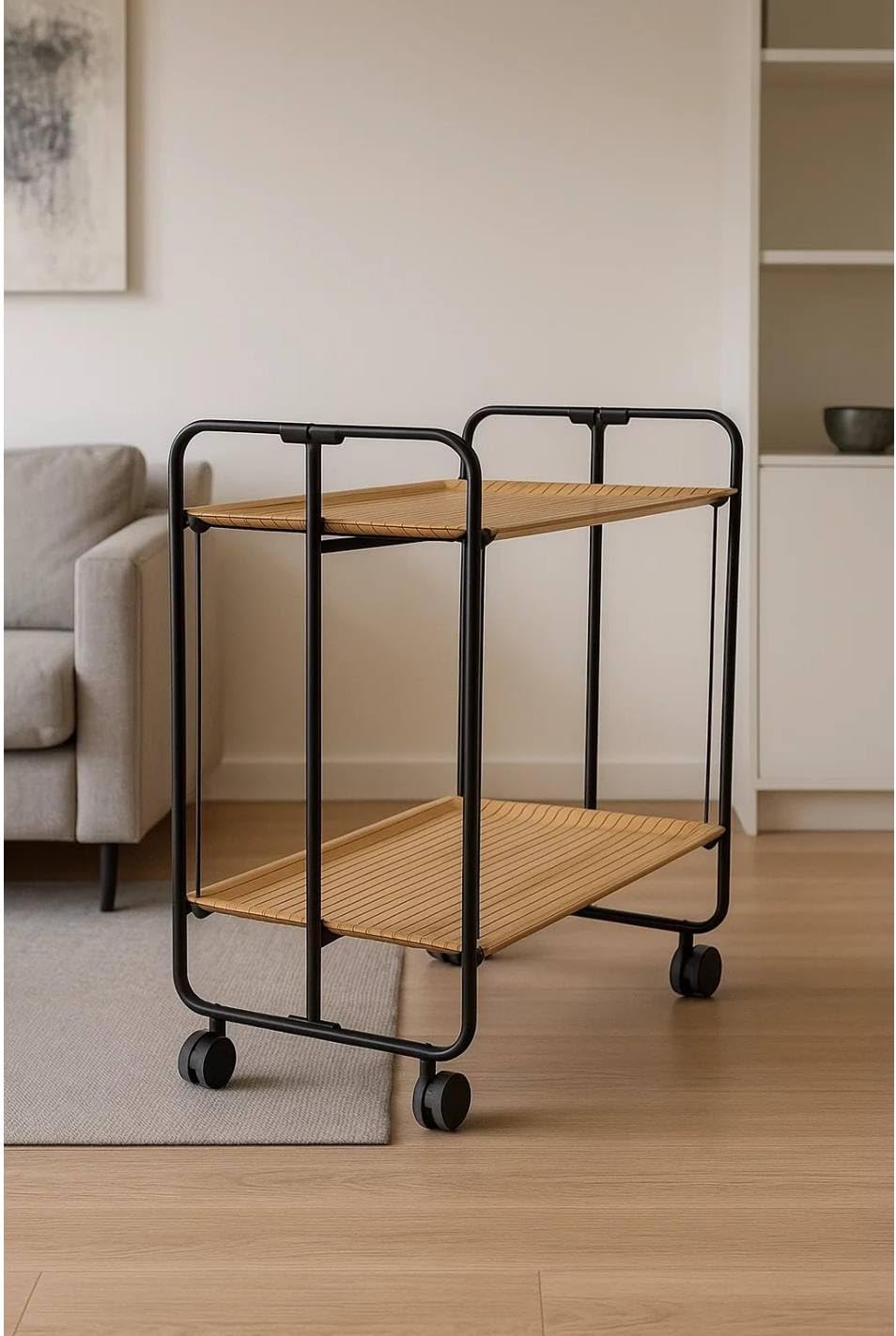 DON HIERRO - Klappbarer Rolltisch Bauhou, 2 Ablagen, Gestell schwarz - Latte-Effekt 66 x 43 x 72 cm.