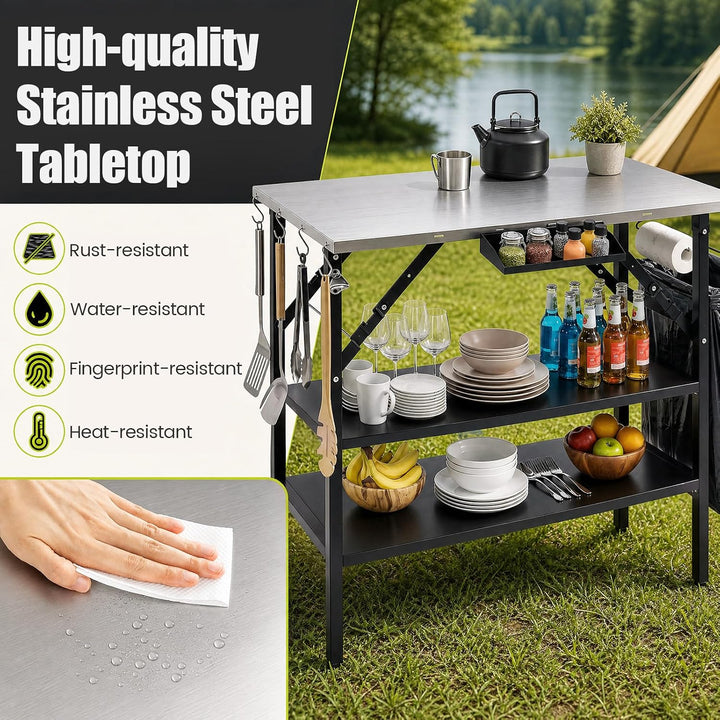 COSTWAY Grilltisch Outdoor Klappbar, Campingtisch, Klapptisch 2 Ablagen, 2 Ablagen