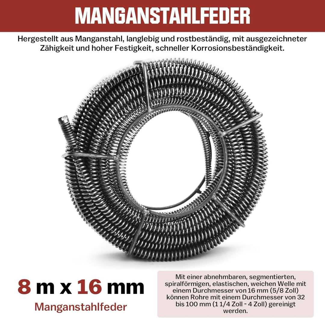 Rohrreinigungsspiralen Rohrreinigungswelle, Ø 16 mm x 8 m, Flexible Spirale für Rohrreinigungsgerät