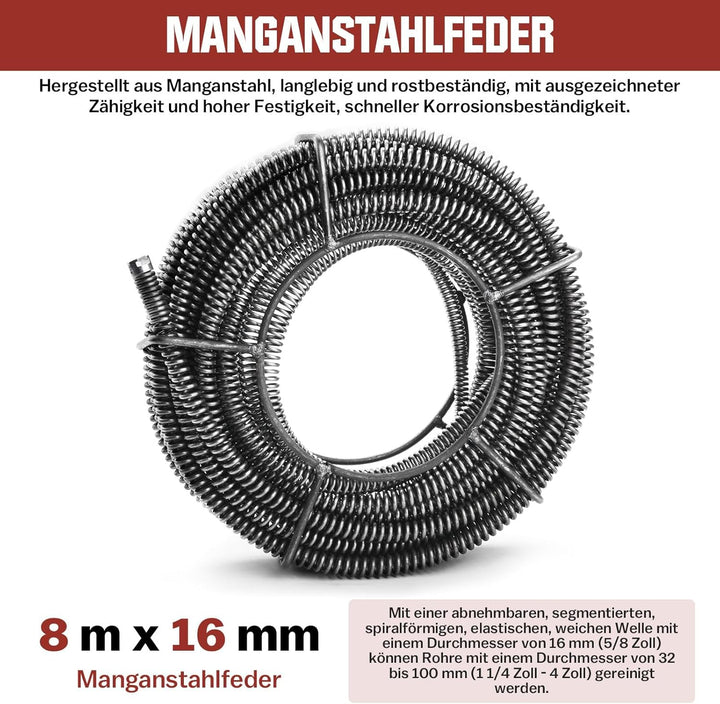 Rohrreinigungsspiralen Rohrreinigungswelle, Ø 16 mm x 8 m, Flexible Spirale für Rohrreinigungsgerät