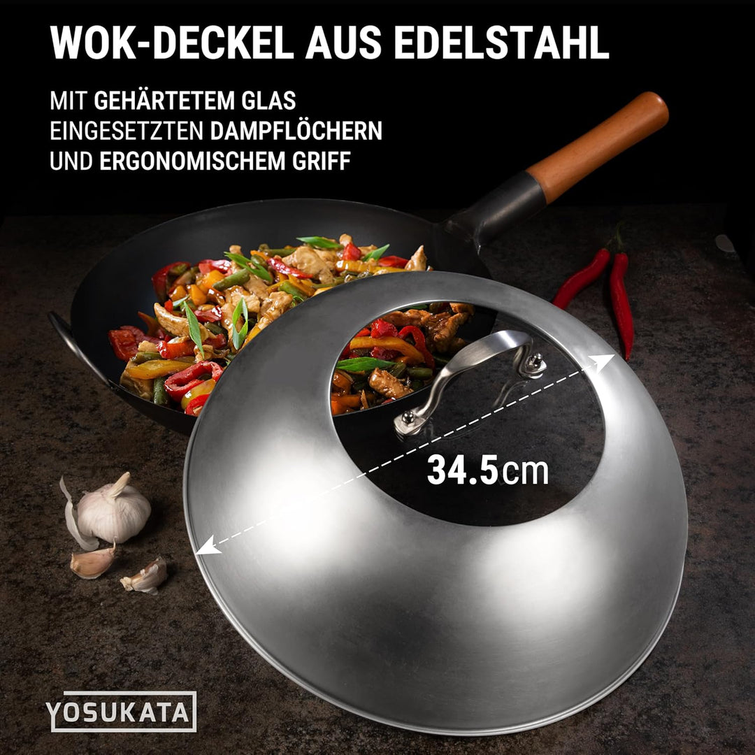 YOSUKATA Wokdeckel 13,6 Zoll Premium Edelstahl Wokabdeckung mit gehärtetem Glaseinsatz Dampflöcher u