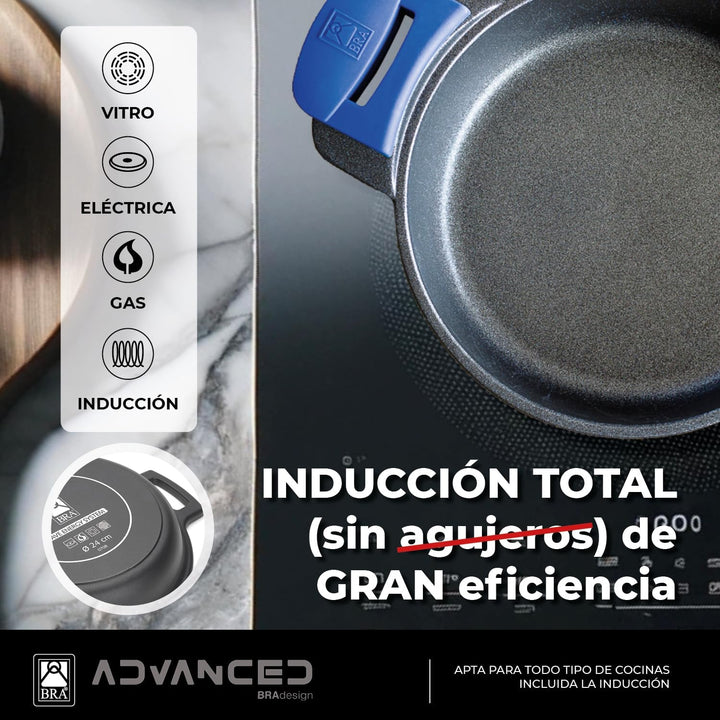 BRA Advanced | Niedriger Kochtopf 24 cm, Aluminiumguss mit Antihaftbeschichtung, für Induktion geeig