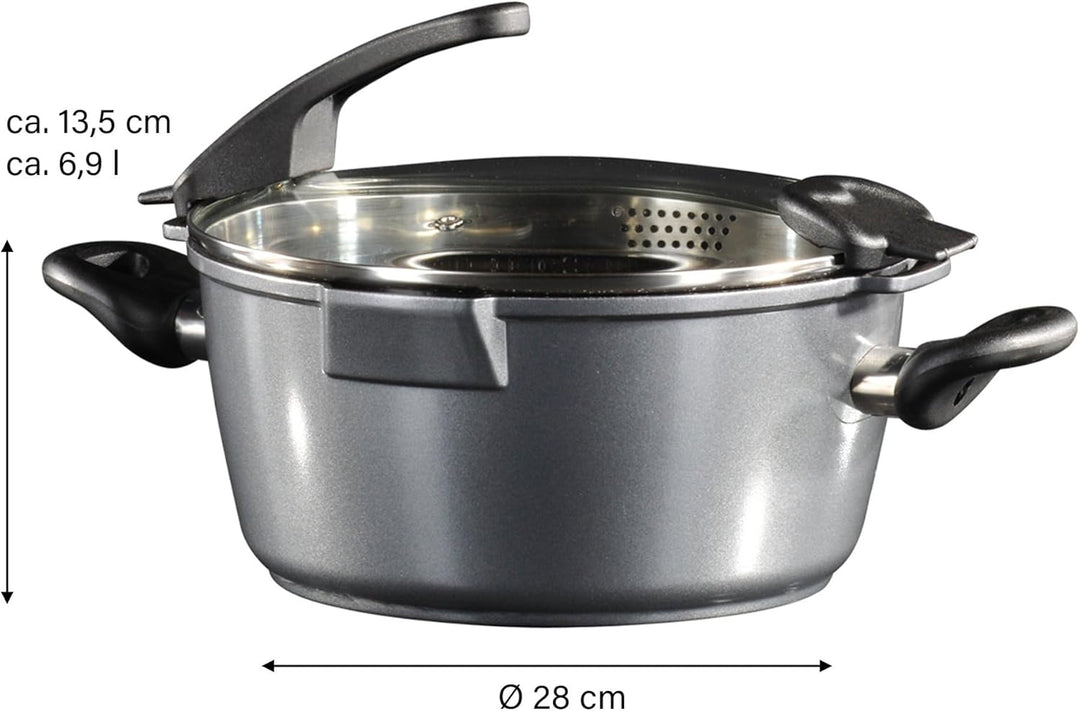 STONELINE® FUTURE Kochtopf 28 cm, mit Siebglasdeckel, induktionsgeeignet, Aluguss, Antihaftbeschicht