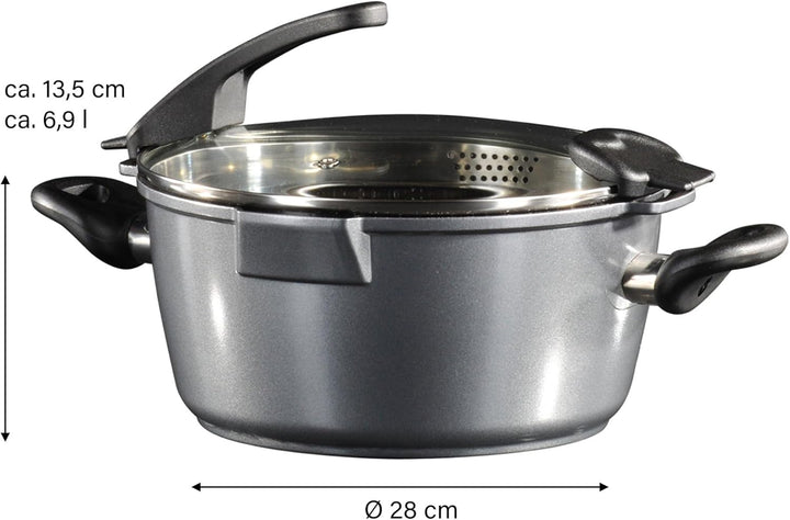 STONELINE® FUTURE Kochtopf 28 cm, mit Siebglasdeckel, induktionsgeeignet, Aluguss, Antihaftbeschicht