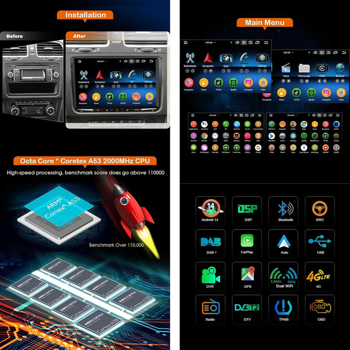 Erisin Android 14 Autoradio mit navi für VW Polo 6R Passat B6 B7 Golf 5/6 Touran T5 Tiguan Seat Skod