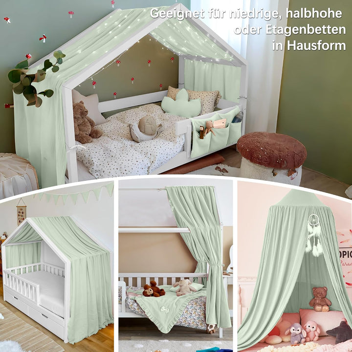 Hausbett Himmel Deko Set, Betthimmel Hausbett aus Musselin - 1 Betthimmel & 1 Wimpelkette, für Junge