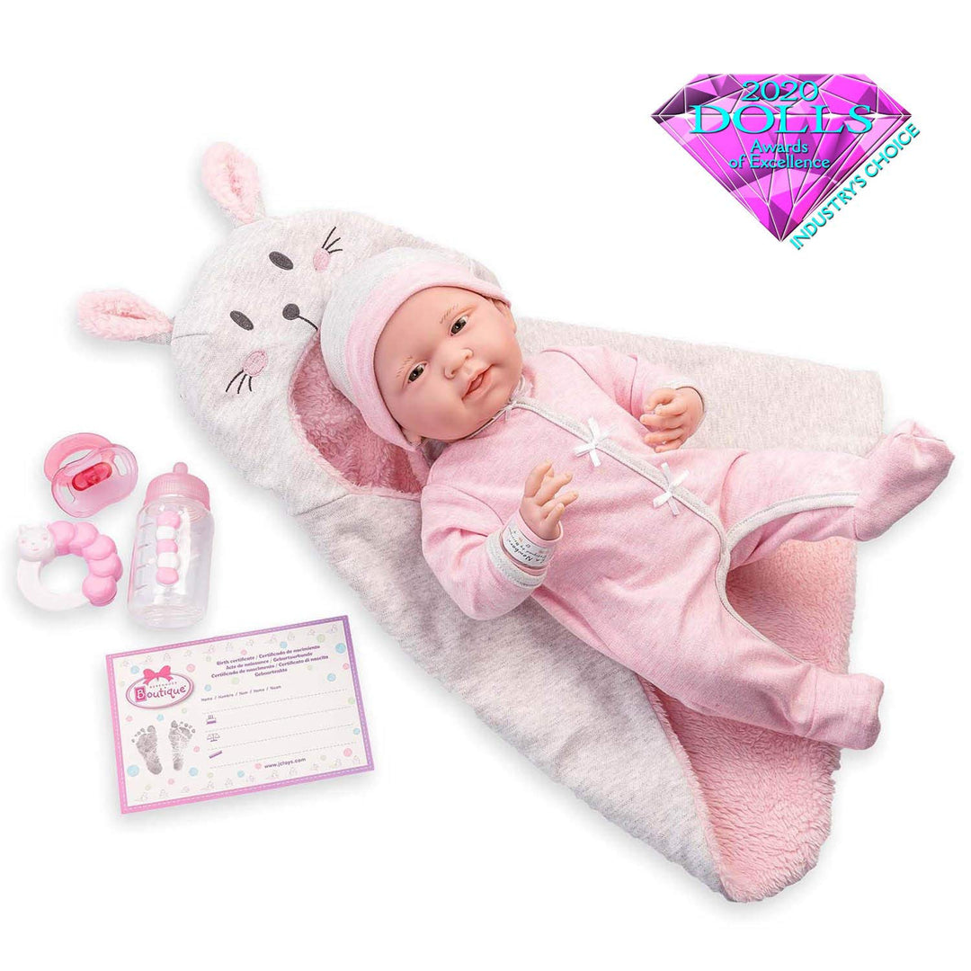 JC TOYS - Newborn Puppe 38 cm aus weichem Vinyl, inklusive Strampler und 5 Accessoires, Rosa, entwor