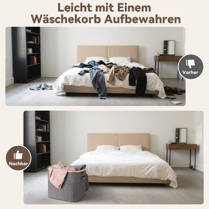 OUSFOT Wäschekorb Klein, 50 L Wäschekorb mit Deckel Faltbar, Grossen Vorderen Taschen und Einem Robu