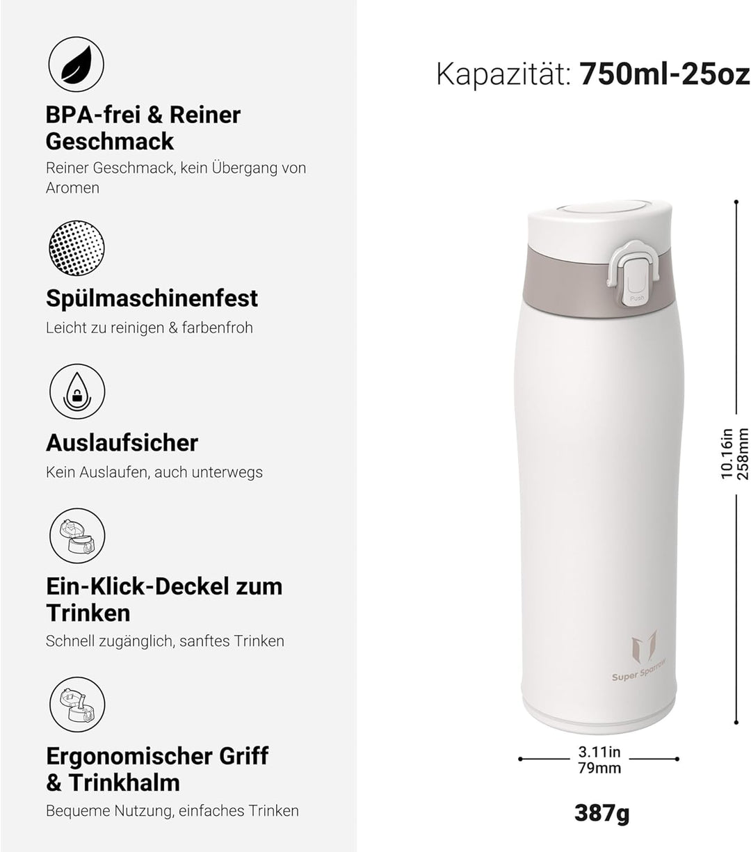 Super Sparrow Trinkflasche Edelstahl - Trinkbecher - 350ml, 500ml, 750ml - BPA-Frei, Auslaufsicher T