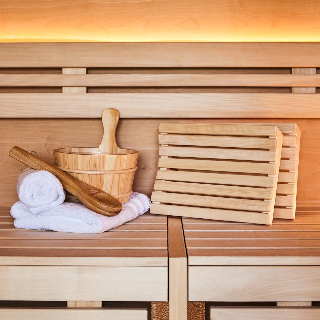 SUNNYDEALS klassisches Saunazubehörset | Saunaset 4-teilig aus naturbelassenem Holz | Saunaeimer & K
