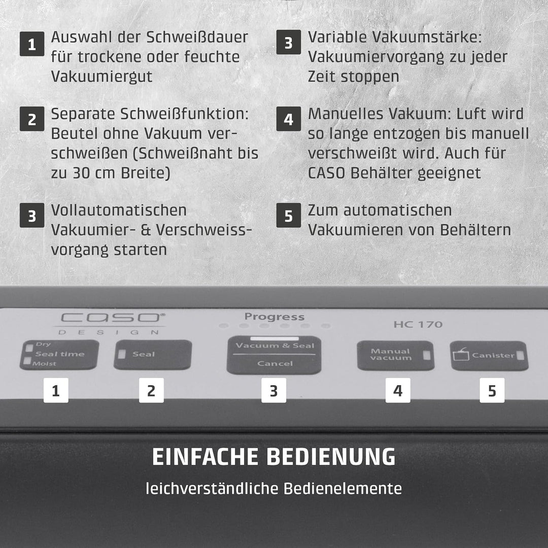 Caso HC170 Vakuumiergerät, inkl. 10 Folienbeutel mit 20x30cm, Schweisszeit einstellbar, starke Pumpe