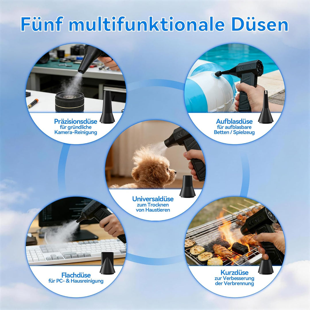 Mini Gebläse Akku, Handgebläse, 105000RPM 4-Stufen Gebläse Klein, Compressed Air Duster mit LED-Lich