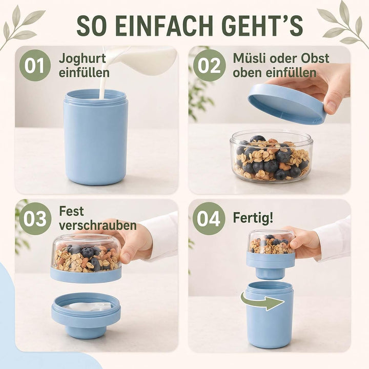 2er Set Müslibecher to Go mit Gabel-Löffel, 520ML+250ML Joghurtbecher to Go Auslaufsicher, Müsli to