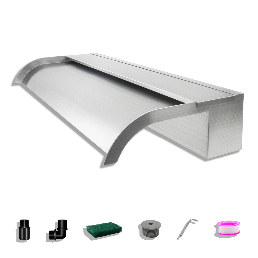 LONGRUNNEW Teich Wasserfallklingen Set, 60 cm Edelstahl Poolfontäne mit Zubehör, Breite 18 cm Geboge