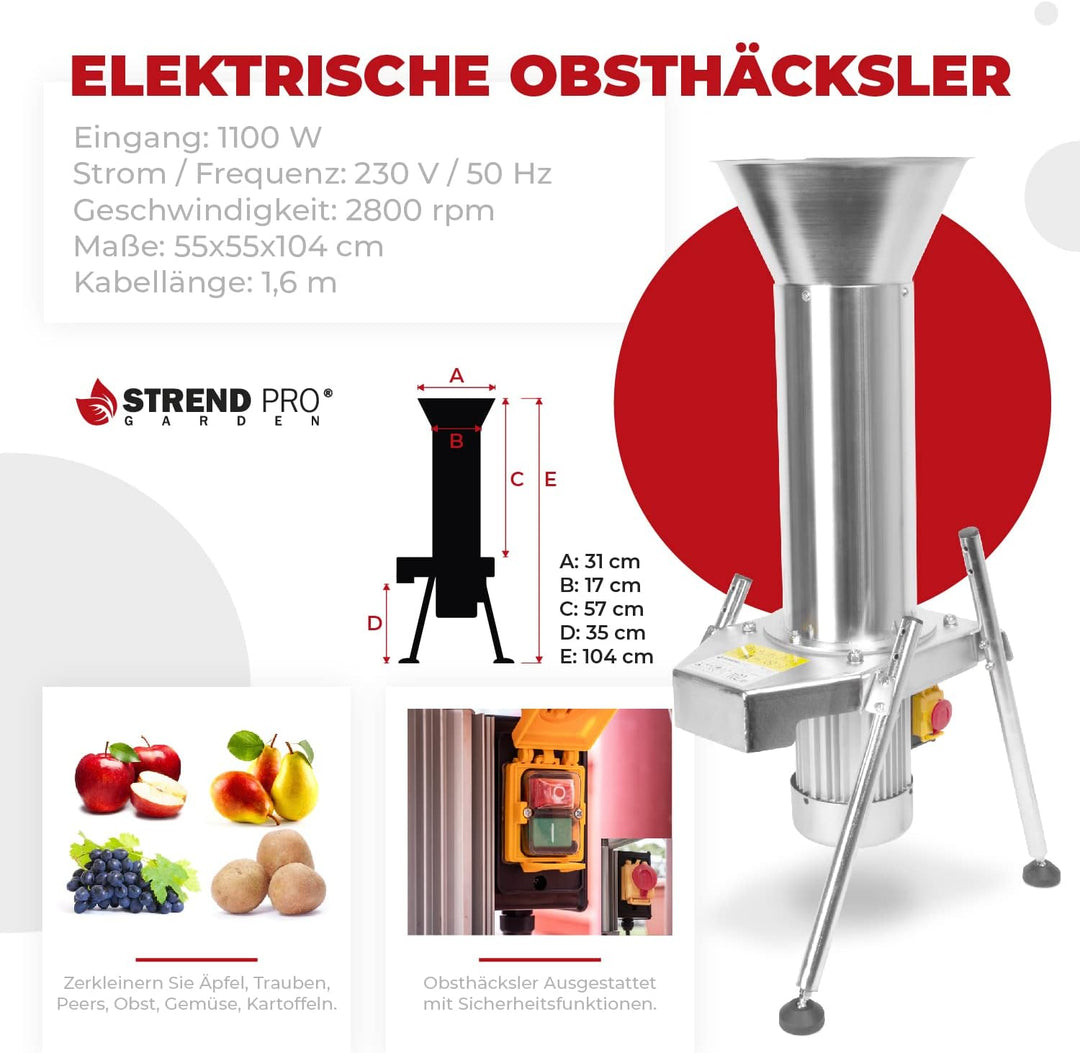 Obsthäcksler Edelstahl mit 1100W/2800rpm motor - Obsthäcksler Elektrisch fur Kartoffeln / Obst und B