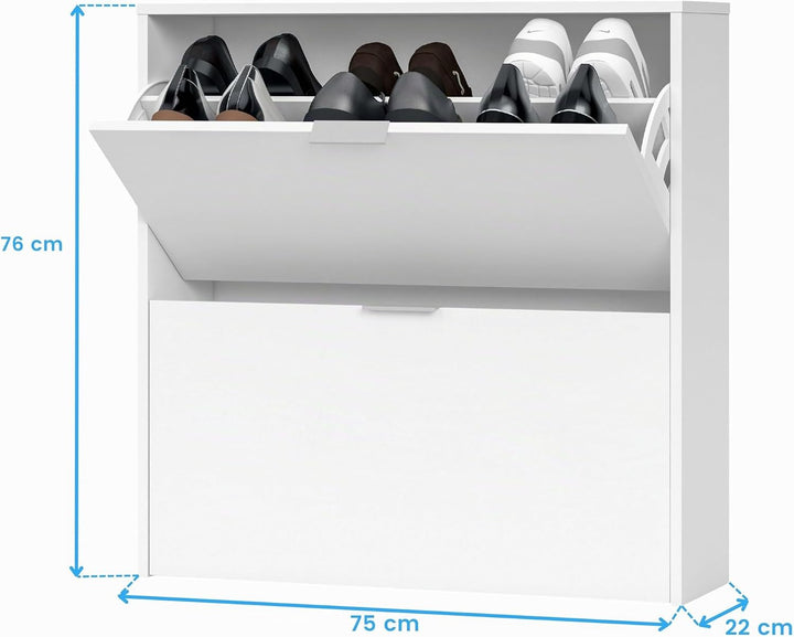 Schuhregal 2-türig, Schuhregal Schmal, Ausführung in Weiss, Masse: 75 cm (Breite) x 76 cm (Höhe) x 2