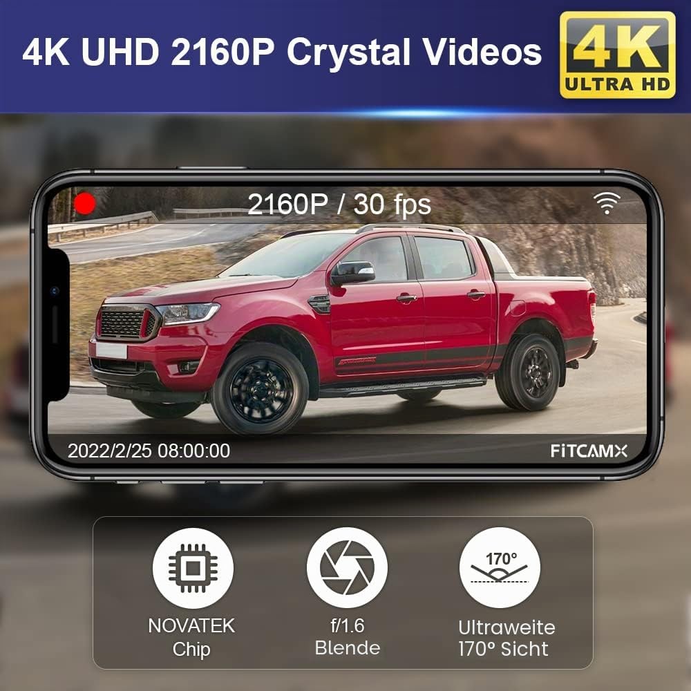 Fitcamx Dashcam 4K kompatibel mit Ford Ranger 2019 2020 2021 2022 und Puma 2020-2023, integrierter O