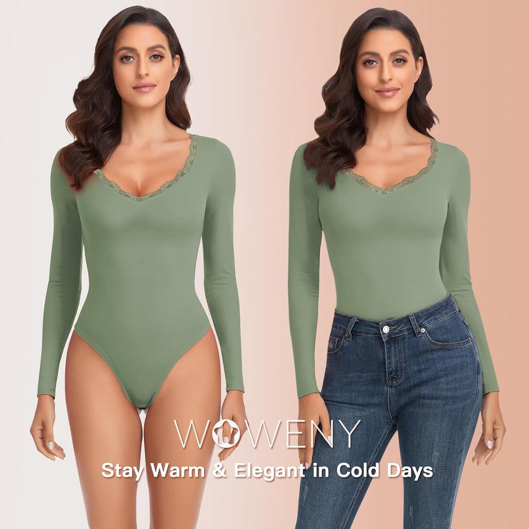 WOWENY Thermo Body Damen Langarm Elegant Langarmbody mit Spitze V-ausschnitt Fleece Bodysuit Warm Be