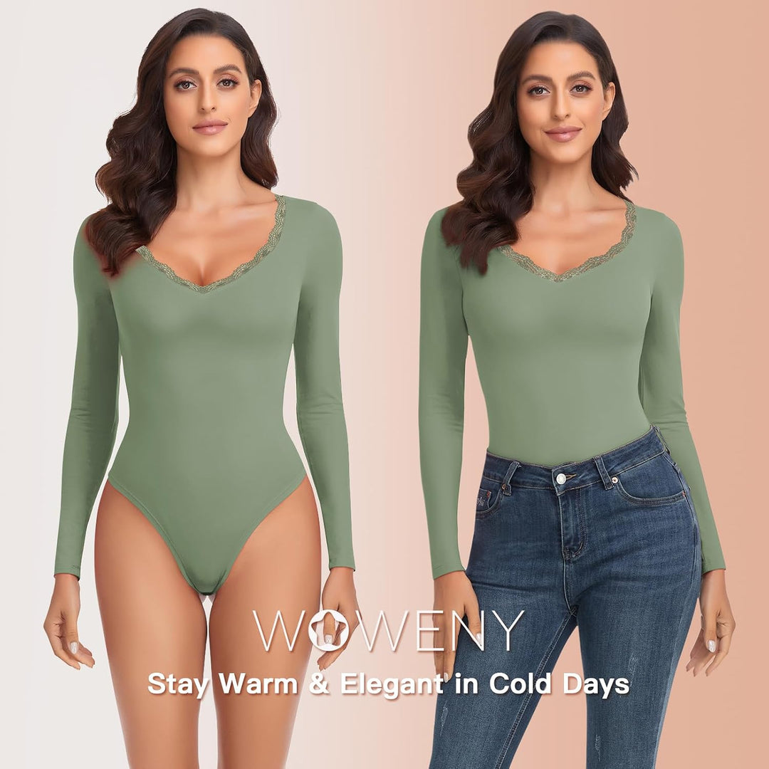 WOWENY Thermo Body Damen Langarm Elegant Langarmbody mit Spitze V-ausschnitt Fleece Bodysuit Warm Be