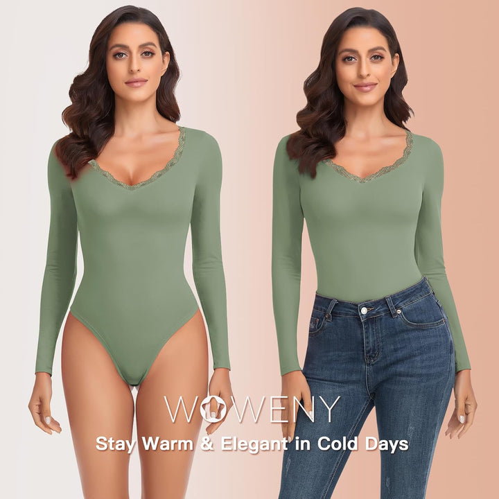 WOWENY Thermo Body Damen Langarm Elegant Langarmbody mit Spitze V-ausschnitt Fleece Bodysuit Warm Be
