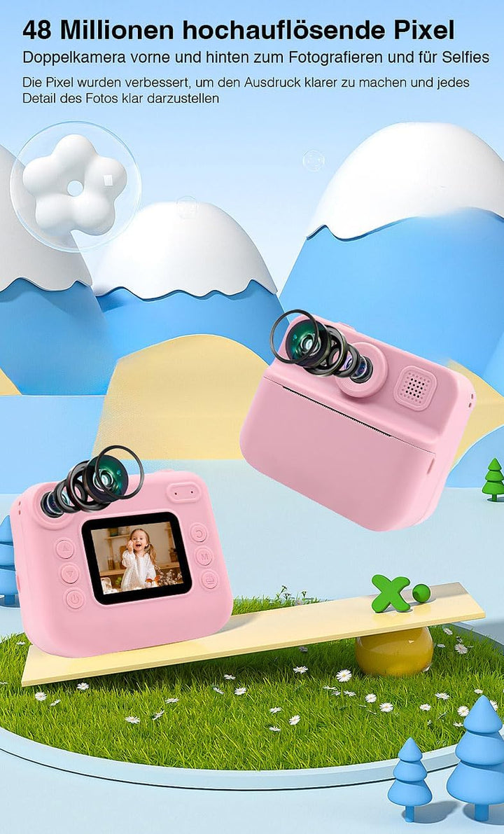 Sofortbildkamera: Kinder-Sofortbild-Kamera mit Selfie-Objektiv, 2"-Display, 48 MP, pink (Sofortbildk