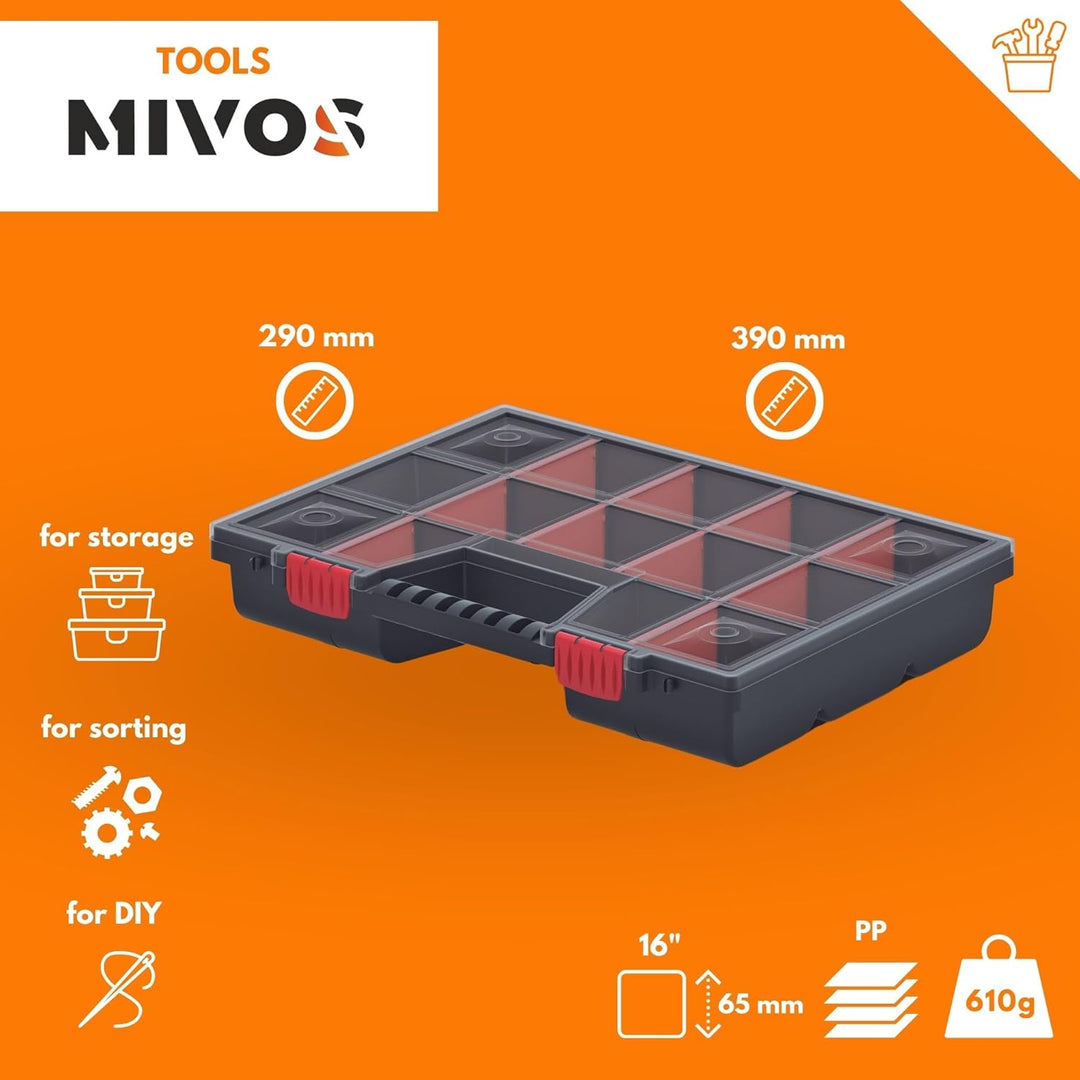 Mivos Sortierkasten 16” für Zubehör und Kleinteile - Sortimentskasten 390 x 290 x 65 mm - Sortierbox
