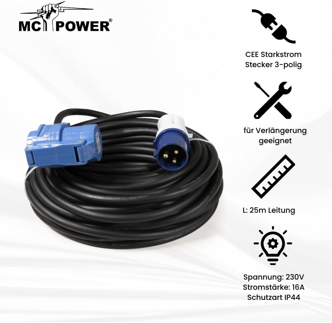 MC POWER - CEE-Verlängerungskabel | 25m H07RNG 3G2,5, 230V, IP44 Starkstrom-Verlängerungskabel für W