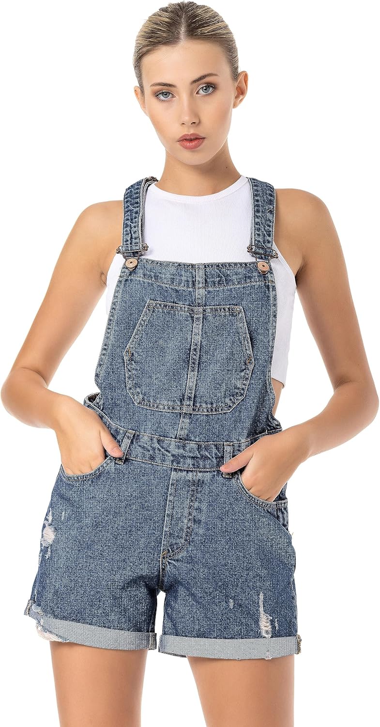 Red Bridge Damen Shorts kurze Hose Hot-Pants Latzhose Overall 25W Blau, 25W Blau