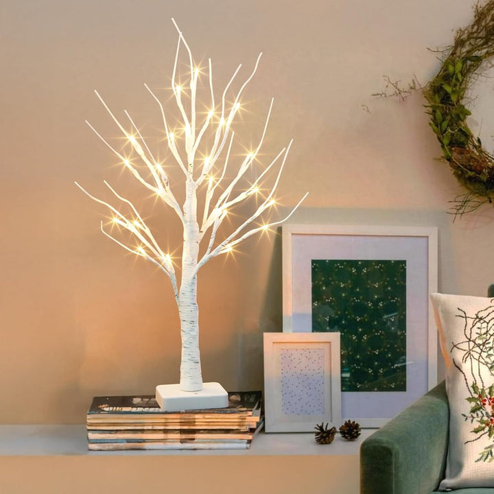 DELICHTER 2er Set Lichterbaum mit 24 Warmweissen LEDs Birken Bäumchen mit Timer-Funktion Dekozweige