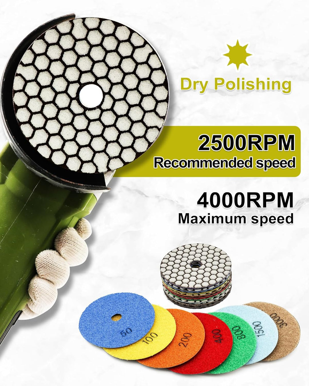 Trocken Diamant Polierpad 100mm 8 Stücke Körnung 50x3/100x2/200/400/800 Polierscheiben mit M14 Stütz