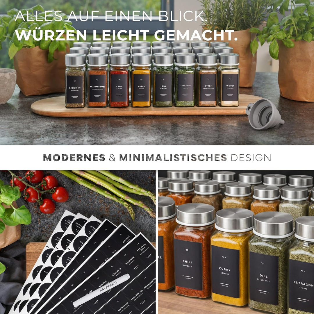 𝗛𝗔𝗩𝗘𝗡𝗛𝗔𝗨𝗦 Gewürz Organizer Set I 24x Gewürzgläser eckig [120ml] mit Streuaufsätzen &amp; Deckel luftdich