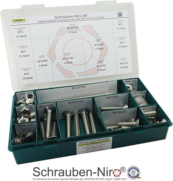 Sortiment M12 DIN 7991 (ISO 10642) Edelstahl A2 (V2A) Senkschrauben (Innensechskant) - Set bestehend