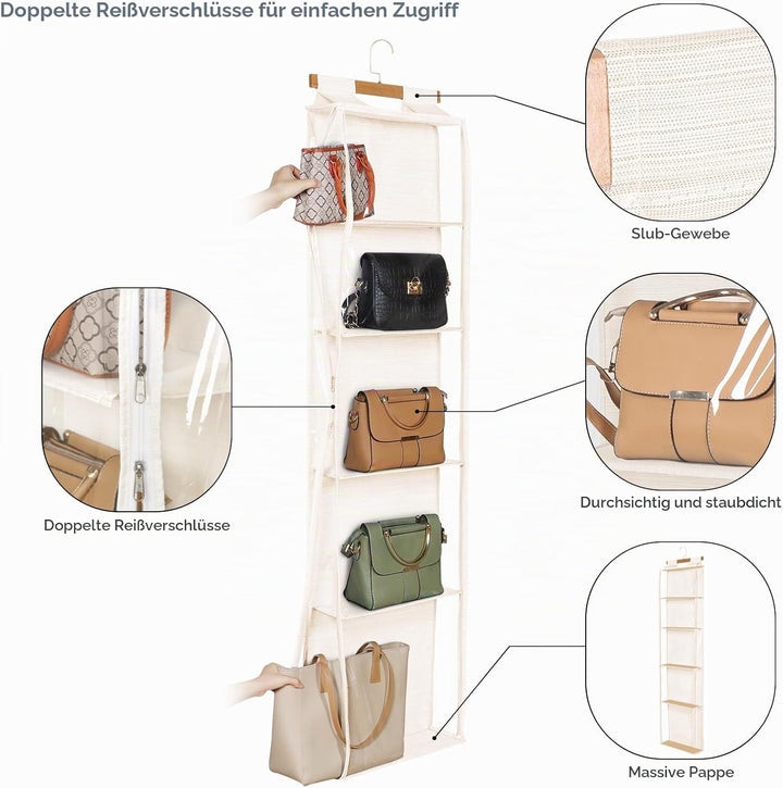 Syeeiex Staubdicht hängende Handtaschen Organizer mit Reissverschluss, extra grosse 5 klare Taschen