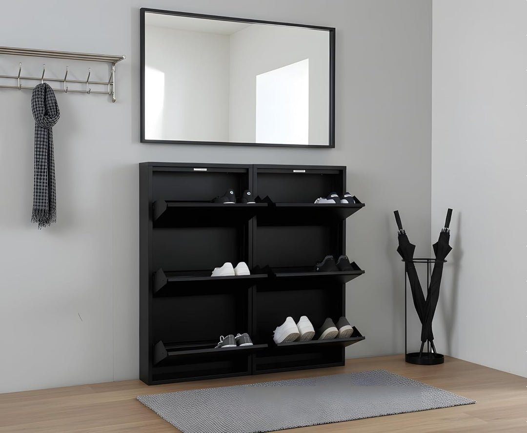 Dynamic24 XL Pisa 6 Klappen schwarz – Schuhschrank – B101 x H106 x T16 cm – Metall pulverlackiert –
