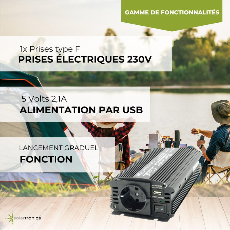 solartronics Spannungswandler Wechselrichter Intverter NM 600-1200 Watt 12V zu 230V schwarz USB Schu