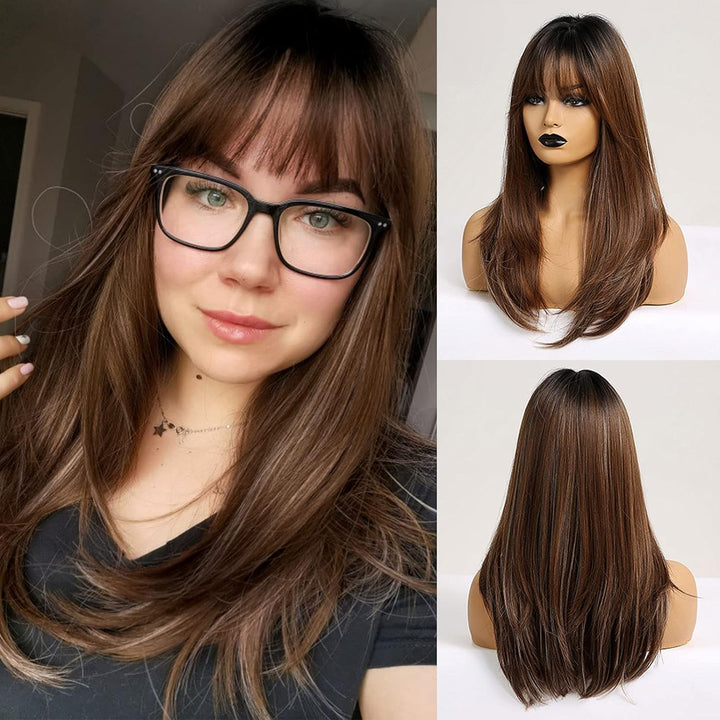 HAIRCUBE Lange Braune Perücken für Damen, Synthetische Perücken mit Pony Hitzebeständige Perücken Sc