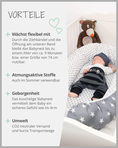 ULLENBOOM ® Babynest Set mit Einlage, Kuschelnest (55x95 cm) Graue Sterne (Made in EU) - Baby Nestch