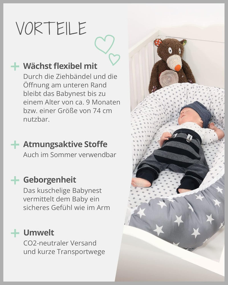 ULLENBOOM ® Babynest Set mit Einlage, Kuschelnest (55x95 cm) Graue Sterne (Made in EU) - Baby Nestch