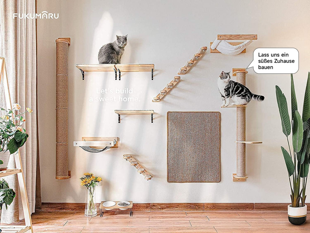 FUKUMARU Kletternwand Katzen, Kratzbaum für Katzen, 93cm hoch Katzenbaum mit Katzentreppe, Kratzpfos
