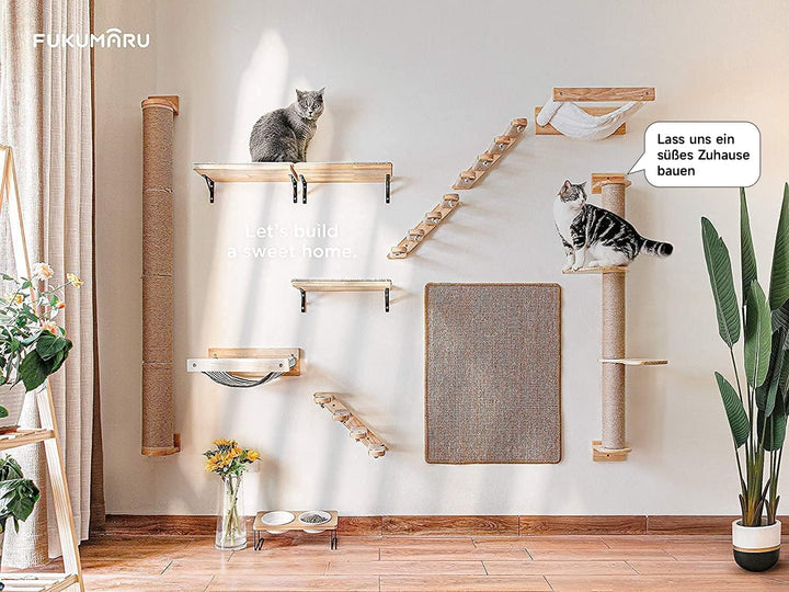 FUKUMARU Kletternwand Katzen, Kratzbaum für Katzen, 93cm hoch Katzenbaum mit Katzentreppe, Kratzpfos