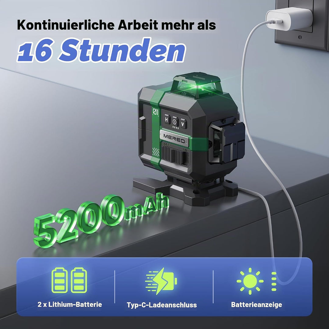 MEREO Kreuzlinienlaser 4×360° Laser wasserwaage, 16 Linien Nivellierlaser | Grn Linienlaser, 4D Selb