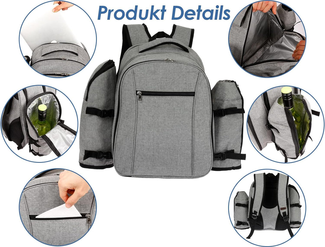 HEKERS Premium Picknickrucksack mit isoliertem Kühlfach und Flaschenhaltern für 4 Personen – Strand
