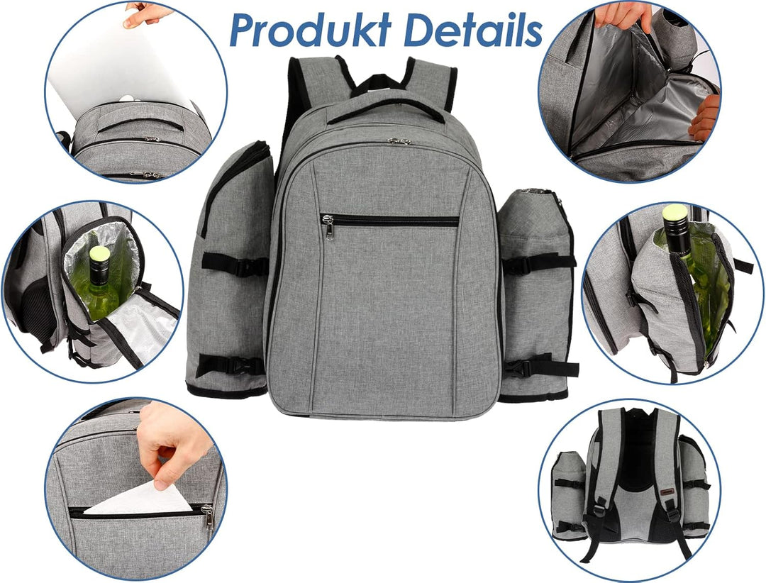 HEKERS Premium Picknickrucksack mit isoliertem Kühlfach und Flaschenhaltern für 4 Personen – Strand