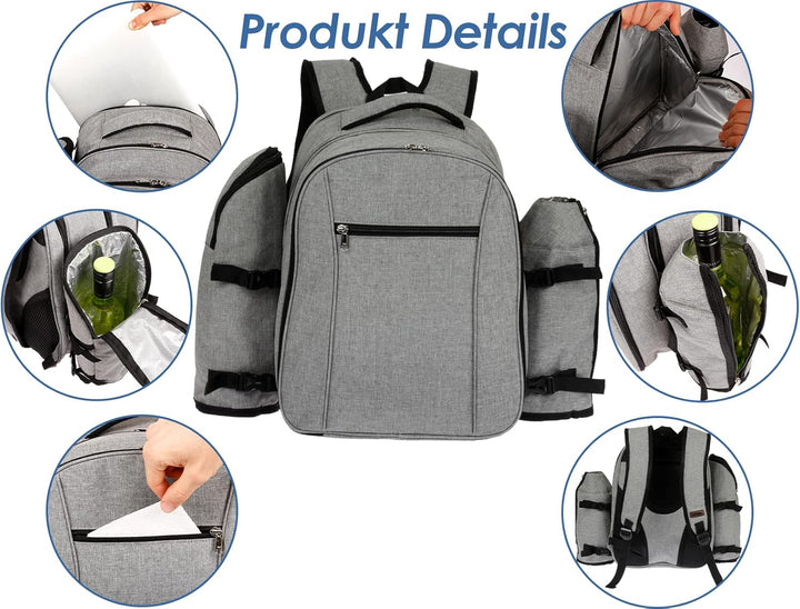 HEKERS Premium Picknickrucksack mit isoliertem Kühlfach und Flaschenhaltern für 4 Personen – Strand