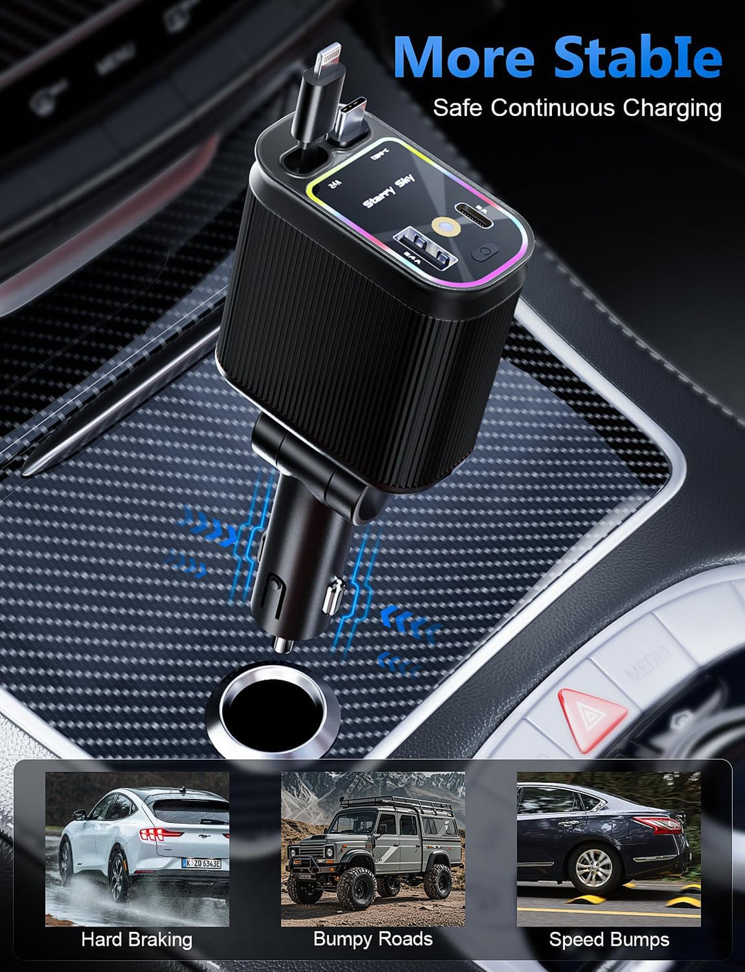 4 in 1 Zigarettenanzünder USB C 69W Auto Ladegerät Adapter, Einziehbares Sternenhimmel Auto Zubehör,
