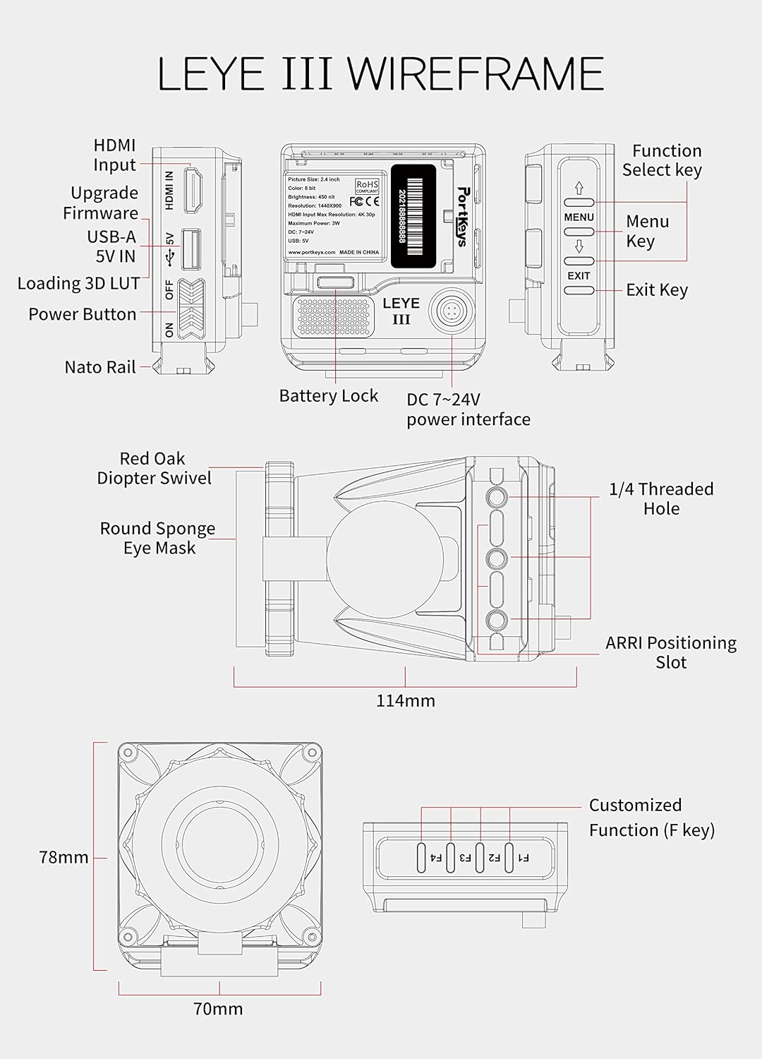 Portkeys LEYE III 4K HDMI Elektronischer Sucher 2,4-Zoll-LCD-Monitor [Unterstützung +8D~-3D Sehkraft