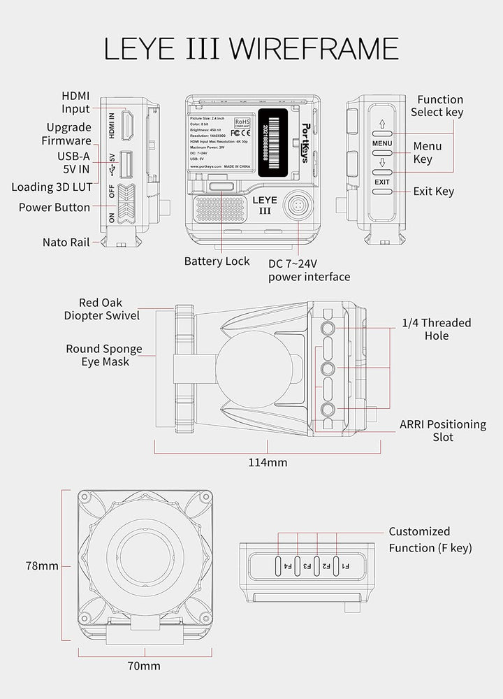 Portkeys LEYE III 4K HDMI Elektronischer Sucher 2,4-Zoll-LCD-Monitor [Unterstützung +8D~-3D Sehkraft
